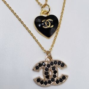 CHANEL Gold and Black Double Pendant Necklace